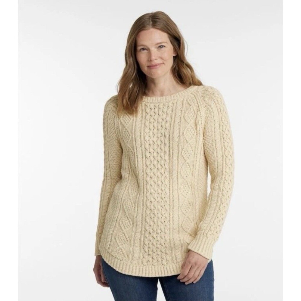 LL Bean Signature Tunic Sweater S Beige Fisherman Cable Cabincore Granola Girl